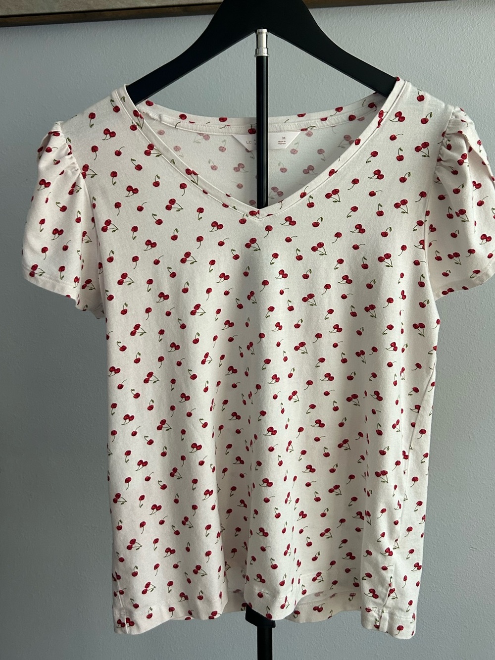LC Lauren Conrad White V-Neck Tee with Red Cherry Print